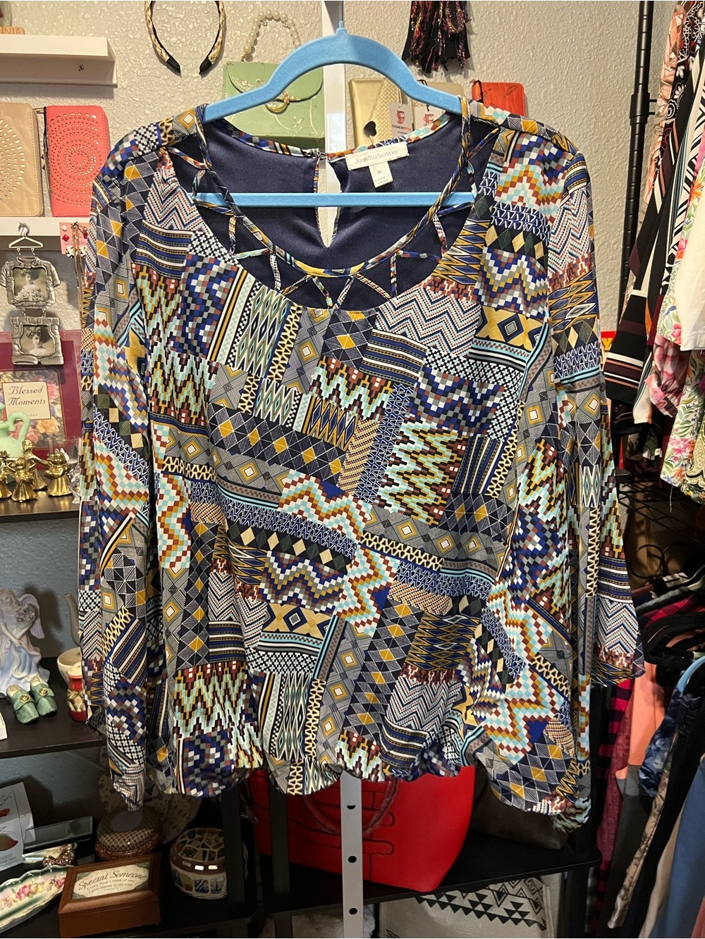 JohnPaulRichard Navy Multicolor Geometric Long-Sleeve Blouse